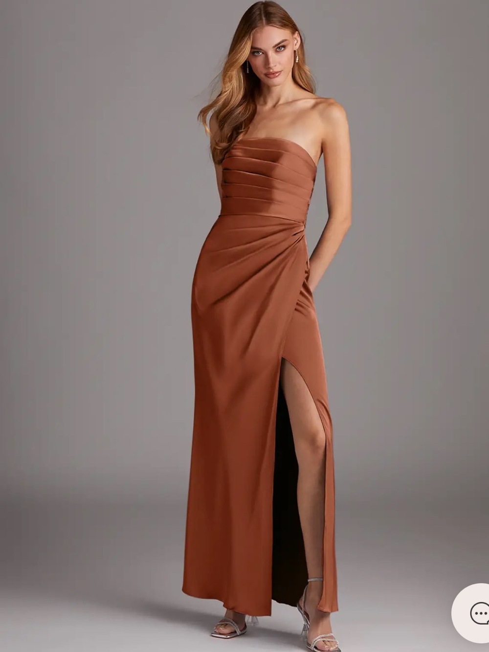 Strapless Rust Brown Evening Gown with Front Slit